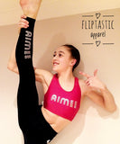 Super stretchy black cotton lycra leggings with metallic effect wording of FLIPTASTIC branding to thigh and name to ankle