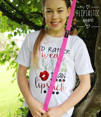 Gymnast T-Shirt with slogan 'I'd rather wear chalk than lipstick' with shiny metallic red lips design