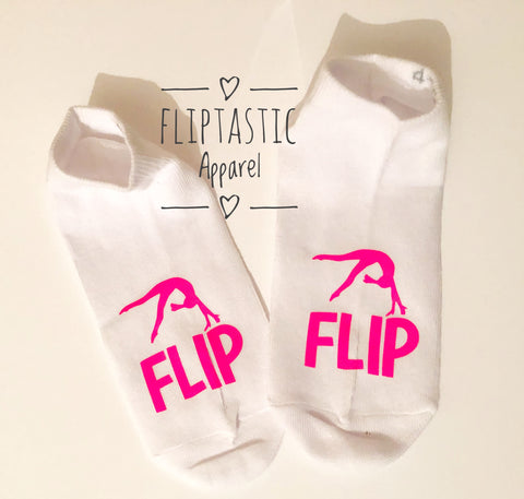 'FLIP' Gymnast or Cheer Girls Trainer Socks. Teen size 4-5.5